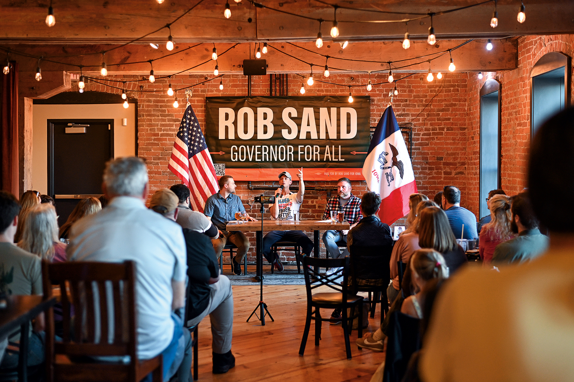 Rob Sand with supporters at a campaign stop
